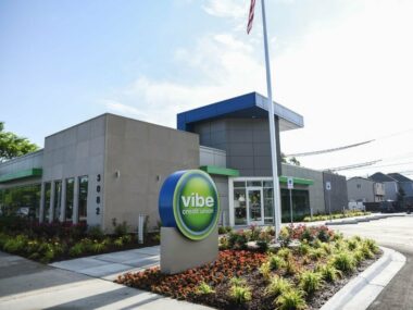 Outside picture of the Vibe Credit Union Building in Berkley MI